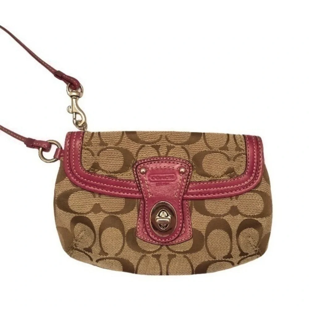 Coach signature brown dark pink leather wristlet